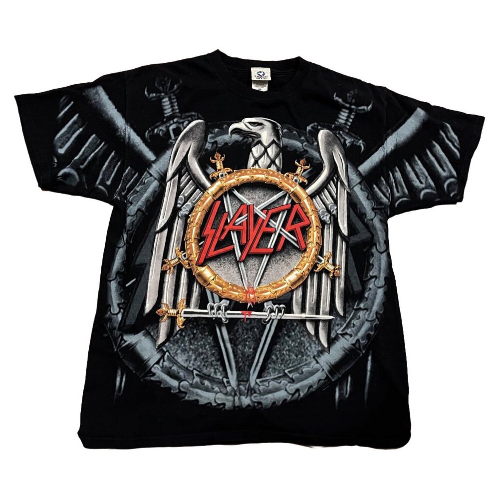 Vintage Slayer Liquid Blue 2004 All Over Print Double Sided T-Shirt XL Y2K